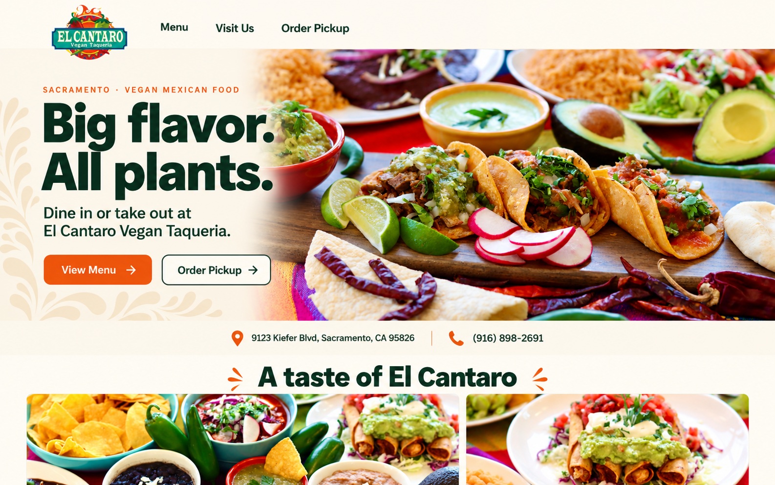 Proposed El Cantaro Vegan Taqueria homepage preview